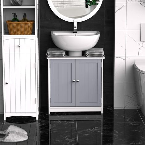 Meuble vasque de salle de bain avec étagère réglable. Meuble vasque en forme de U. Meuble de salle de bain moderne et peu encombrant. Convient aux lavabos sur pied ou sans pied. 60 x 30 x 60 cm. Blanc