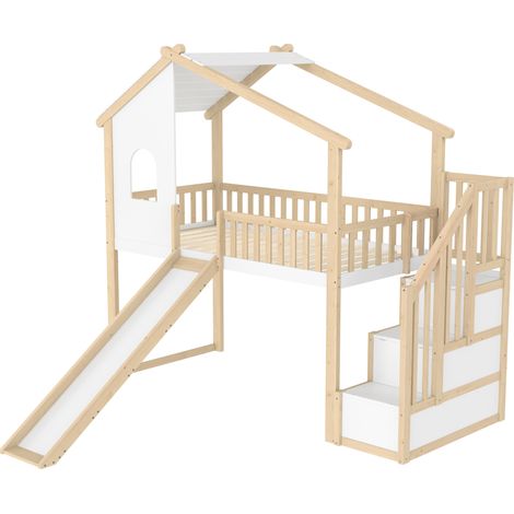 Kinder-Hochbett 90 x 200 cm mit Rutsche, Stauraumtreppe, Naturweiß (1/5)