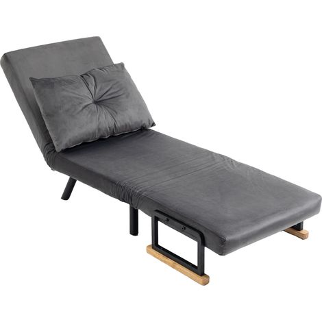 Fauteuil convertible 1 place 3 en 1 dossier réglable oreiller velours gris 63x73x81cm