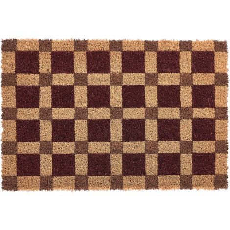 Doormat Beige and Red Coir with Anti-Slip Bottom 60 x 90 cm Anti Slip Decoration Checked Pattern Welcome Mat VILLASIS (1/5)