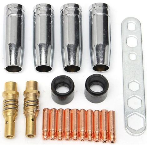 x Mig Mag AK-15 / Mb-15 Schweißdüsen-/Konuskappen-Verschleißteile, 10 x M6 0,8 mm Schweißspitzen und 2 x Düsenhalter mit festen Federn (19 Teile) (1/3)