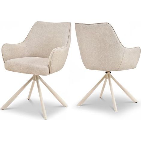 Bon Furni Tissu Chaise de salle à manger Beige avec pieds blancs, Lot de 2, pivotante 360°, ergonomique avec coussin à ressorts, fermeture éclair cachée et pieds réglables