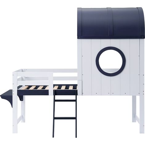 Lit cabane mi-hauteur 90x200 cm bois MDF contreplaqué blanc bleu MODENUIT (1/5)
