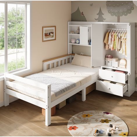 Letto per bambini 90/200 cm bianco con armadio, cassetti e ripiani (1/5)