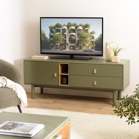 ETHAN - Meuble TV vert 1 porte, 2 tiroirs et 2 niches en bois naturel (1/5)