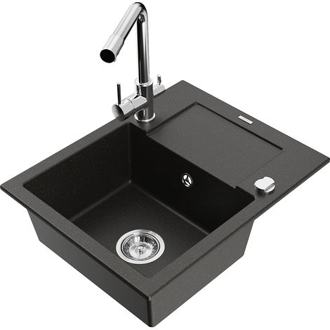 Mexen Enzo 1 Becken-Granitspüle mit Abtropffläche und Mischbatterie Duero, Schwarz/Gold metallisch -