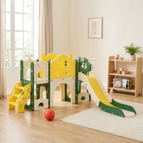 Kinder Spielplatz mit Rutsche 193,5x166x96,5 cm, 7-in-1 Spielcenter im Piratenschiff-Design mit Basketballkorb und Stauraum, Gelb/Grün