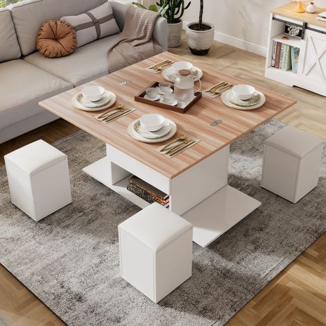 Tavolino da caffè 2 in 1 con piano sollevabile, 100x100 cm, con vano portaoggetti, 4 sgabelli, piano pieghevole, bianco (1/5)