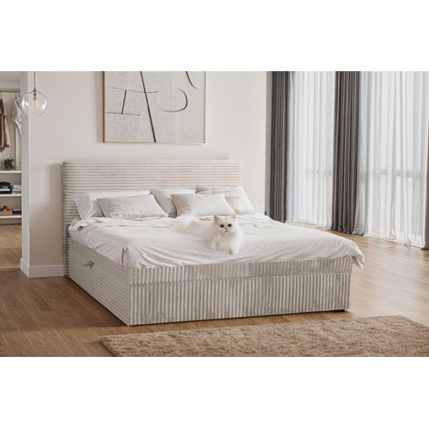 Boxspringbett mit bettkasten und topper TRENTO, ohne Bein stoff Plüsch Cord 200x200 cm Ecru (1/5)
