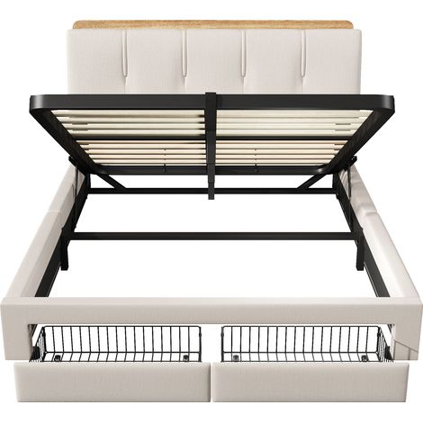 Cama canapé tapizada 140 x 200 cm de lino beige con LED, USB Tipo-C y almacenaje (1/5)
