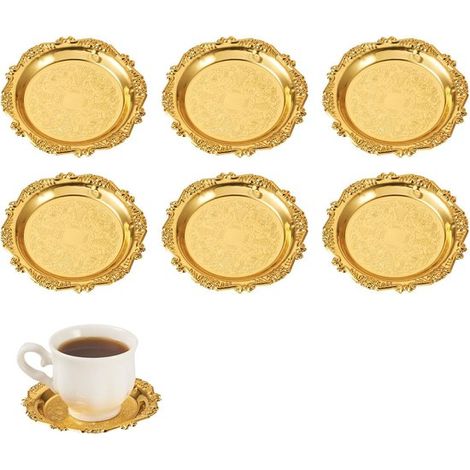 Vassoio dorato da 6 pezzi, mini vassoio rotondo per torta, dessert, caffè e candeline, decorativo in rilievo - 10101 cm - per matrimoni, feste, compleanni - Oro (1/5)