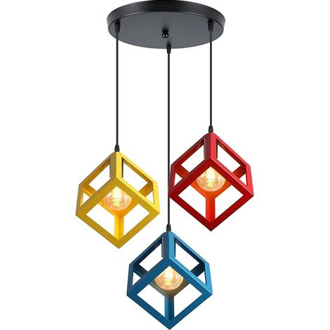3 Lampes Suspension Luminaire Vintage Style Geometrique Moderne Lustre Plafonnier Abat-jour en Forme de Cube Métal Industriel Lampe Éclairage de Plafond pour Chambre Salon Salle à Manger Cuisine (1/5)