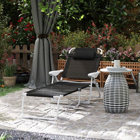 Chaise de soleil pliante Chaise de jardin avec oreiller, chaise longue à dossier réglable à 4 places jusqu‘à 120 kg Noir (1/5)
