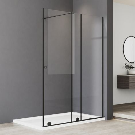 Walk in Duschwand 140x185 cm Schwarz Schiebetüren Dusche Duschtrennwand 6mm ESG-Sicherheitsglas Schiebetür Walk in Duschkabine, Montage auf Duschewanne oder Fliese