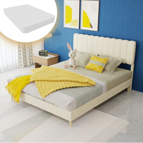 Lit rembourré moderne en velours beige 140x200 cm avec tête de lit haute et matelas inclus (1/5)