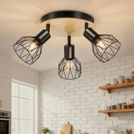 1 Ceiling Light with 3 Spots, Wooden Base, Metal Grille, Adjustable, E14, Indoor (1/5)