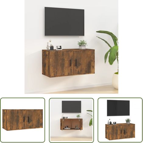 The Living Store Meuble TV mural Chêne fumé 80x34,5x40 cm - Meuble Tv Mural - Meuble Tv Suspendu - Étagère Murale - Support Tv - Rangement Tv (1/5)