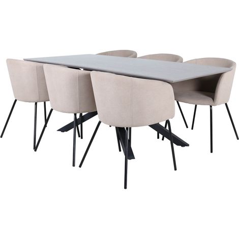 PiazzaGRBL Essgruppe Esstisch grau und 6 Berit Esszimmerstühle beige.