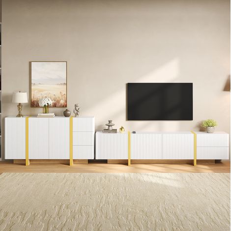 Mueble TV con aparador, frontal acanalado, blanco, en MDF y PB DESVIAE (1/5)
