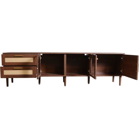 Meuble TV marron 180 cm pour TV jusqu’à 80 pouces, tiroirs en rotin et portes vitrées (1/5)