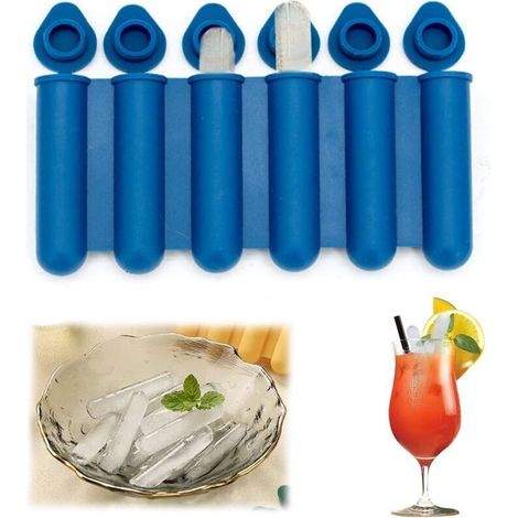 Moules en silicone pour mini glaçons avec couvercles, étroits et longs, faciles à pousser et à poser, pour faire 6 bouteilles d'eau, adaptés pour remplir des boissons en bouteille (Bleu)