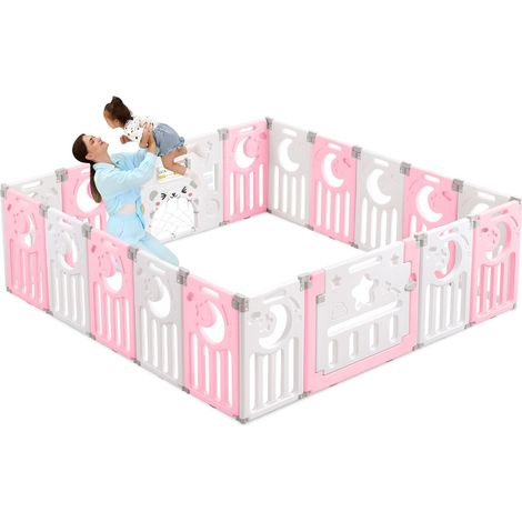 Neche – Parc bébé 16+2 panneaux – Barrière de sécurité avec porte – Grille de protection en plastique écologique – Dimensions 190x190cm – Couleur rose