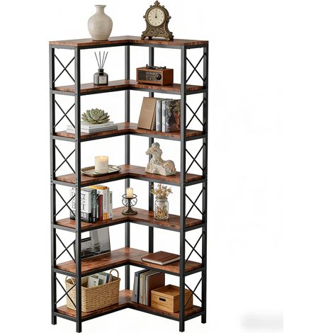 Étagère d'angle industrielle en métal et bois, 7 niveaux, 14 compartiments, design noir mat style atelier pour salon, bureau ou chambre, gain de place - CHICFURN (1/5)