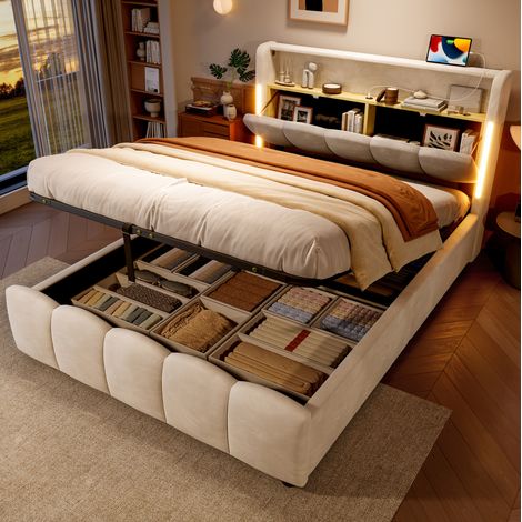 Letto imbottito 140/200 cm beige in velluto con LED, vano contenitore idraulico e prese USB/Type-C (1/5)