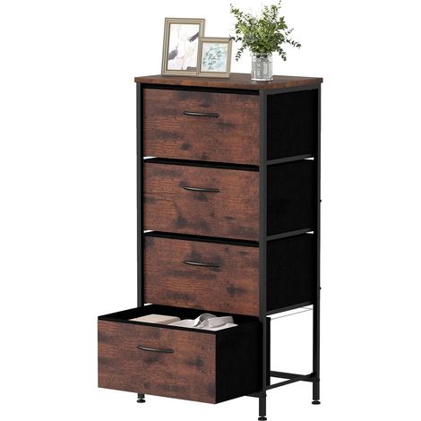 COSTWAY Commode 4 Tiroirs, Commode Chambre Etroite en Tissu, Dessus en Bois, Poignée, Cadre Métallique Robuste, Petit Meuble de Rangement, Chiffonier pour Chambre, Entrée, Salon (Marron Rustique)