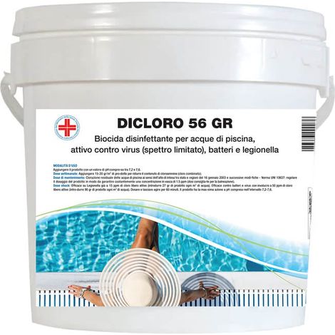 Dicloro Granulare 56 gr per piscina (5 Kg) - Per la disinfezione dell’acqua: Contine un agente clorante stabilizzato per trattamenti shock e recupero (1/5)