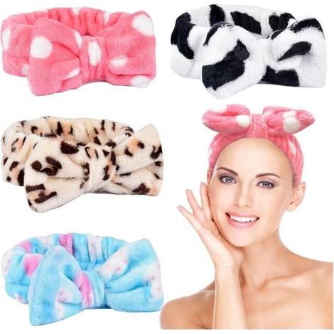4 Pièces Bandeau Maquillage, Bowknot Bandeau Cheveux Femme Maquillage Bandeau de(Blanc, Rose, Bleu, Léopard, Taille Universelle)-wj (1/4)
