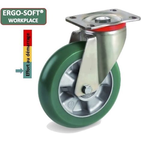 Roulette pivotante diamètre 200 mm roue polyuréthane vert ERGO-SOFT® - 700 Kg