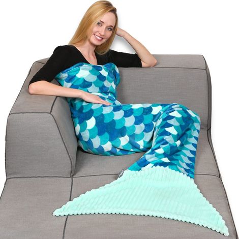 couverture polaire en queue de Sirène adulte, cadeau anniversaire femme, plaid polaire, couverture de canapé, Turquoise 100 x 200 cm (1/5)