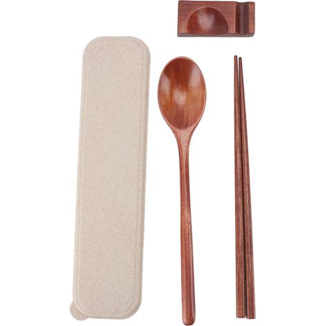 Set portatile riutilizzabile di cucchiaio e bacchette in legno con custodia, ideale per ufficio, campeggio e viaggi. (1/5)