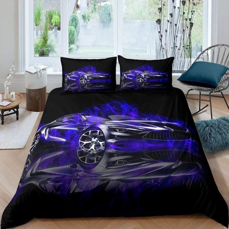 Bettwäsche Set 135x200cm mit Rennwagen Motiv, 3D Druck, Mikrofaser, Blau