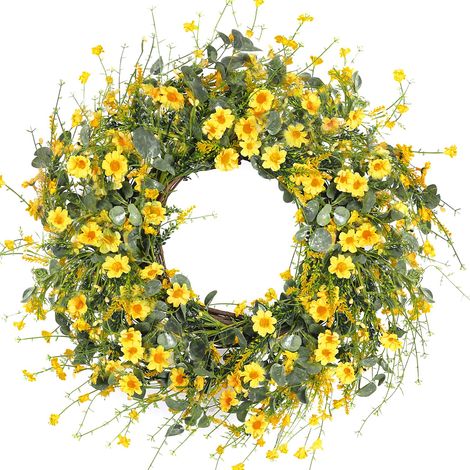Couronne de Marguerites Jaunes de 61 cm - Couronne d'été en Fausse Soie avec Feuilles d'eucalyptus Vertes pour Porte d'entrée, fenêtre, Mur, décoration de Ferme (1/5)
