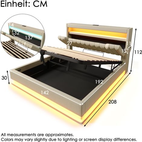 Cadre de lit rembourré 140x190cm, sommier double avec tête de lit à compartiments, ports USB-C et USB, éclairage LED intégré en tête et pied, coffre de rangement hydraulique, coloris beige, revêtement