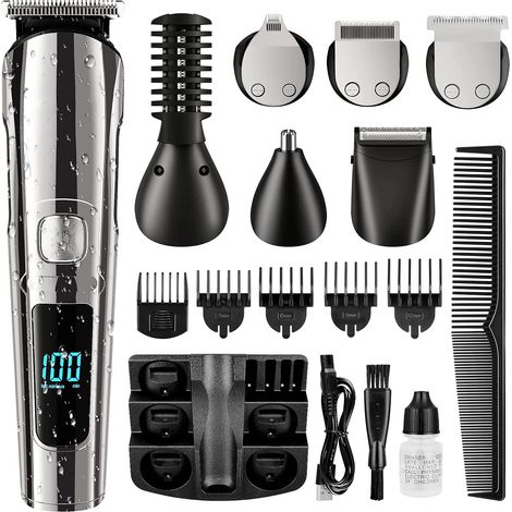 kit recortador, 6 cabezales, pantalla LED, cuchilla de acero inoxidable, recargable por USB, para barba, cabello, cuerpo, nariz y orejas. (1/5)