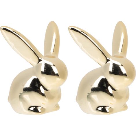 Set di 2 statuine di coniglietti in ceramica dorata, decorazioni pasquali per la tavola, per la casa e la tavola, decorazioni uniche a forma di coniglietto