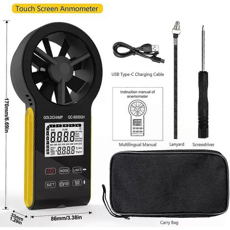 Anémomètre numérique tactile portable rechargeable, compatible avec la mesure de la vitesse et de la température du flux d'air, adapté aux systèmes CVC. (1/4)