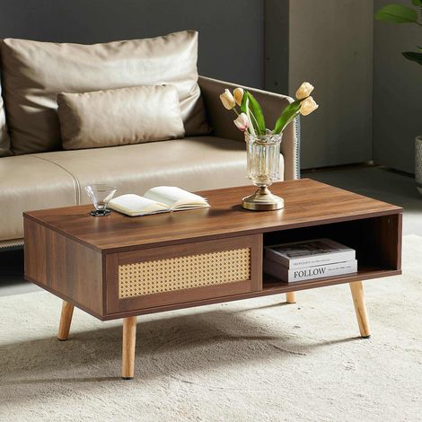 Table basse en bois 105 x 55 x 41,5 cm Table de salon avec portes en rotin coulissantes Pieds réglables de bois massif - Brun (1/5)
