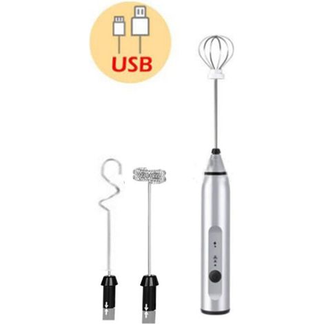 Elektrischer Handmilchaufschäumer, Schaummixer-Schneebesen mit USB-Aufladung, 3 Geschwindigkeiten, Schaummacher für Latte, Cappuccino, heiße Schokolade, Ei, Silber (1/4)
