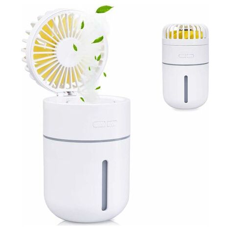 400ml Mini Humidificateur d'air avec Ventilateur, USB Rechargeable Portable Fan Climatiseur Purificateur Super Mute Night lumière 2 Mode de Brume Fraîche, 7 Couleurs LED(Blanc)