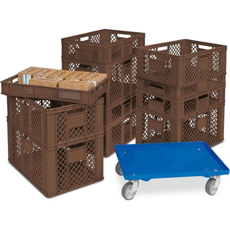 BRB Lot de 11 paniers empilables en polyéthylène HD Marron 600 x 400 mm H 90 mm/150 mm/240 mm/320 mm (1/2)