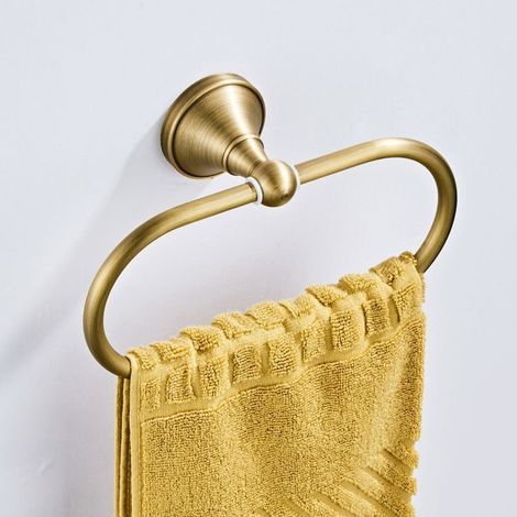 Porte-serviettes ovale en laiton antique, accessoire de salle de bain et de cuisine, finition or brossé. (1/5)