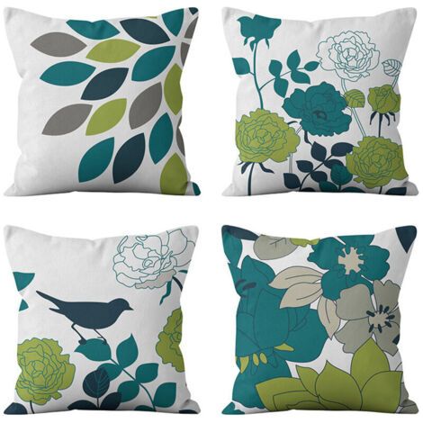 BUNTHAUS Lot de 4 housses de coussin bohème, motif floral vert et gris, 45x45 cm, pour canapé, chambre, extérieur, avec fermeture éclair cachée.