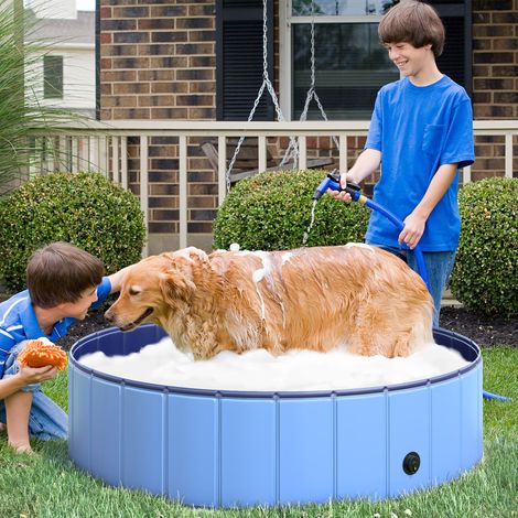 Piscina per cani PawHut, vaschetta pieghevole, tappo di scarico, fondo antiscivolo, diametro 1,20 m, blu.