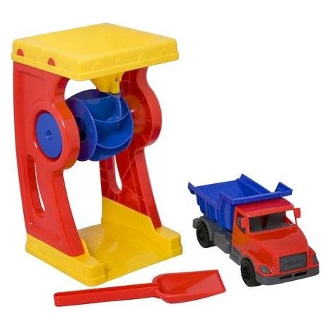 Set da spiaggia con smerigliatrice, camion ribaltabile e pala.