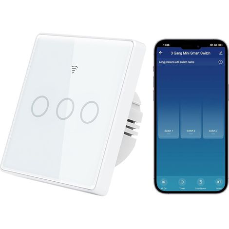 Interrupteur Connecté Compatible avec , APP Control/Voice Control/Timer/Remote Access, Mural Interrupteur Tactile 3 Gang 1 Voies Blanc Panneau en Verre Trempé /Smart Life APP/Assistant