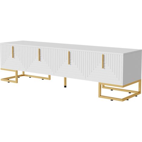 Meuble TV blanc avec portes texturées et poignées dorées 170x40x45,5 cm (1/5)